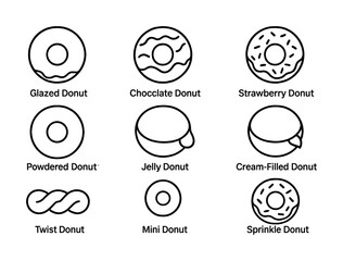 Variety of donuts: glazed, chocolate, strawberry, powdered, jelly, cream-filled, twist, mini, sprinkle