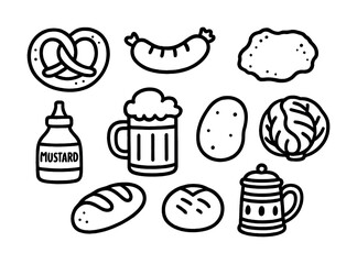 German cuisine icons: pretzel, sausage, beer, mustard, bread, cabbage, potato