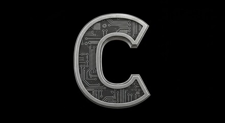 Stunning metallic letter C with intricate circuit board texture, perfect for technology branding and digital innovation concepts.