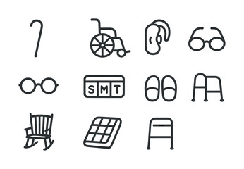 Elderly aid icons: wheelchair, hearing aid, glasses, walker, rocking chair