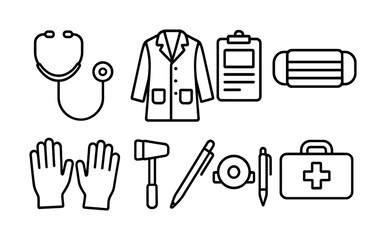 Outline medical icons set: stethoscope, lab coat, clipboard, mask, gloves, hammer, pen, otoscope, first aid kit