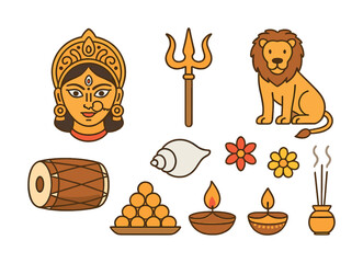Hindu symbols: goddess, trident, lion, drum, shell, flowers, lamps, incense, pot