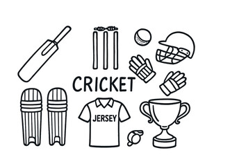 Cricket gear and awards: bat, stumps, ball, helmet, gloves, pads, jersey, trophy