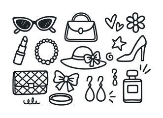 Fashion accessories collection: sunglasses, handbag, jewelry, perfume, high heels