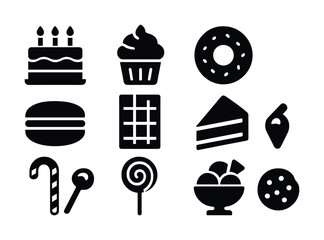 Assorted dessert and sweets icons: cake, cupcake, donut, ice cream, lollipop