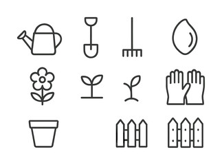 Gardening tools and symbols: watering can, shovel, rake, seeds, gloves, flower, pot, fence icons