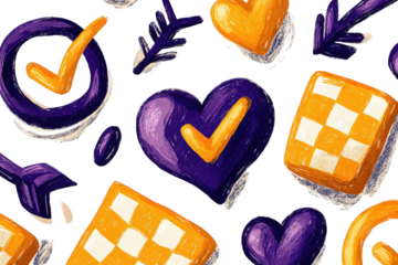 Abstract Composition of Purple and Yellow Elements on a Black Background Seamless Pattern