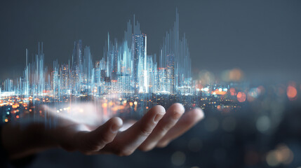 Cityscape hologram floats above open hand against a dark background