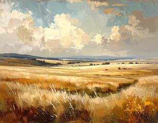Impressionistic Painting of a Golden Field and Cloudy Sky Landscape