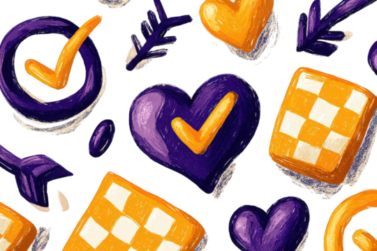 Abstract Composition of Purple and Yellow Elements on a Black Background Seamless Pattern