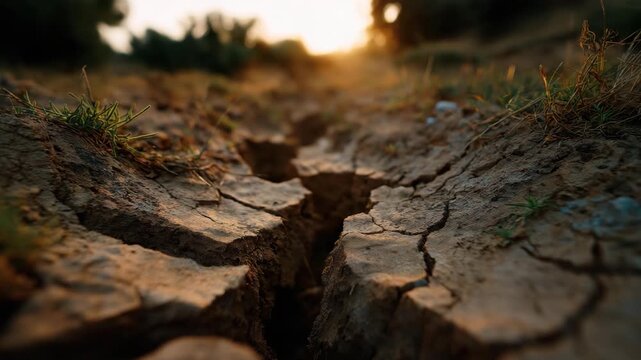 The cracked, parched earth captures the stark beauty of nature&rsquo;s fragility, illuminated by the warm glow of a sunset, emphasizing ecological concerns and resilience.