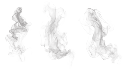 Three wisps of smoke isolated on transparent background for creative projects