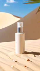 Elegant cosmetic bottle mockup on sand with soft shadows for product showcase