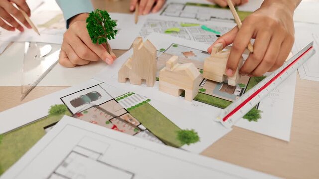 Architects determine position of tree or house using building blueprint on messy table with architectural project and measurement tool scattered around. Business and environment concept. Delineation.