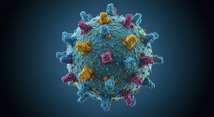 Detailed 3D rendering of a vibrant, abstract virus particle showcasing intricate molecular structures and colorful protein spikes against a dark background