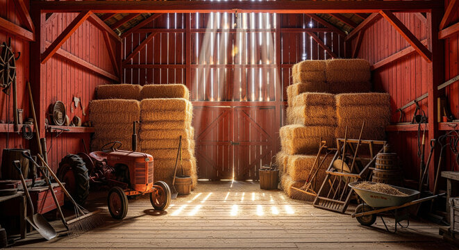 Rustic Barn Interior with Hay Bales and Vintage Farm Equipment.