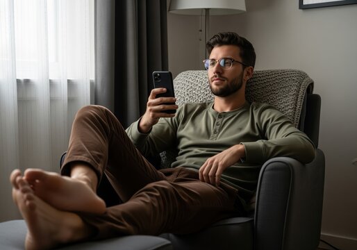 Relaxed young man in glasses using a smartphone while sitting comfortably in an armchair.