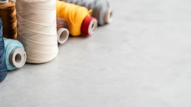 Colorful thread spools on gray surface textile craft material art