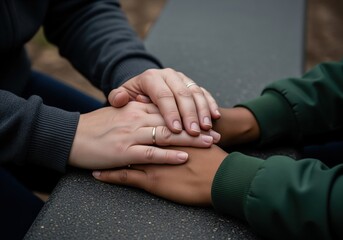 Close up of diverse hands holding together, symbolizing comfort, empathy, and mutual support