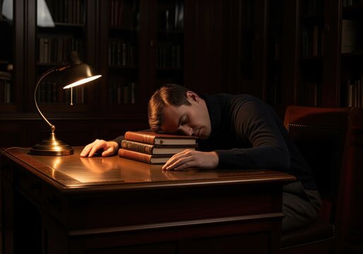 Exhausted man sleeping on a stack of books at a desk in a dark vintage library with a glowing lamp