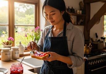 Young asian woman spreading strawberry jam on toast in a sunny rustic farmhouse kitchen