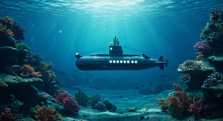 Fototapeta premium Submarine Exploration Underwater Journey Amidst Coral Reefs and Marine Life