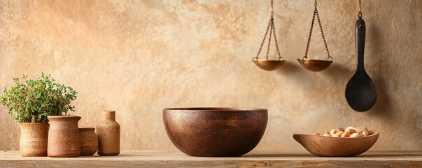 Rustic kitchen decor wooden bowl clay pot herb plant balance scale ladle nuts earthy wall farmhouse style warm light