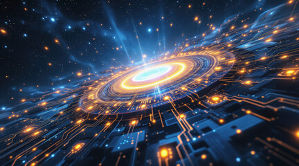 Glowing quantum circuit cosmic nebula futuristic technology digital network luminous data rings sci fi interface cyber galaxy star field abstract