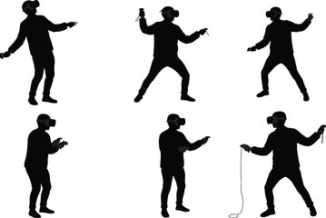 Virtual reality silhouettes, VR headset users, immersive gaming artwork, digital interaction illustration, futuristic technology design, augmented experience concept, modern entertainment lifestyle