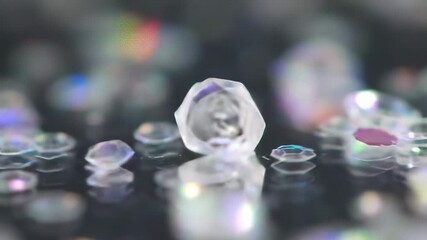 Close up of a sparkling clear hexagonal crystal falling and landing among gems with bokeh effect - Powered by Adobe