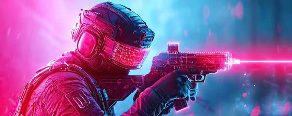 Futuristic soldier cyber helmet plasma rifle neon glow pink blue light sci fi combat tactical armor laser beam digital visor space warfare