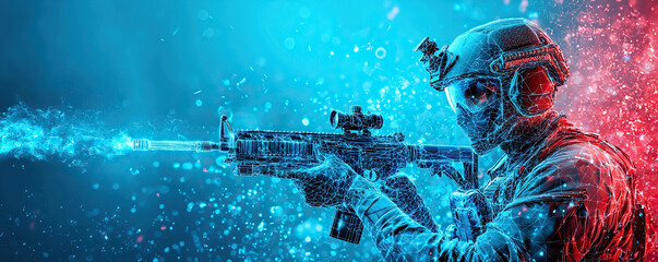 Futuristic soldier digital wireframe plasma rifle neon glow cyberpunk tactical gear combat helmet night vision visor blue red lighting