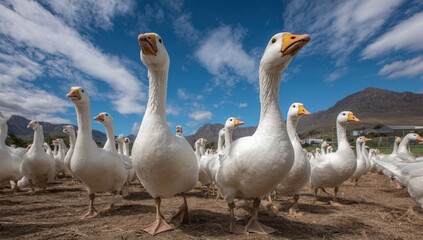 Obraz premium Geese gather in a farmyard under a bright sky with scattered clouds in a rural landscape during the day