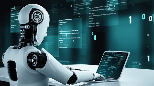 Futuristic robot artificial intelligence huminoid AI programming coding technology development and machine learning concept. Robotic bionic science research for future of human life. 3D rendering.