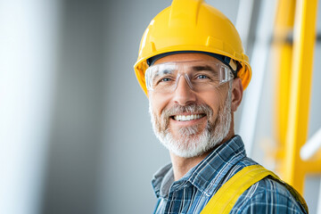 Smiling electrician safety helmet protective glasses gray beard plaid shirt yellow vest ladder construction site professional confident worker