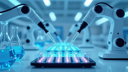 Automated laboratory robot arm pipette microplate blue light sterile precision biotech research innovation with calm focus