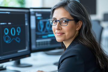 Female engineer computer office monitor glasses coding software technology professional workflow