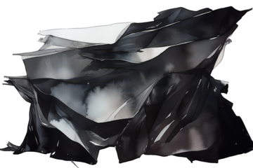 Abstract Composition of Folded Dark Material on Transparent Background with Light Reflections