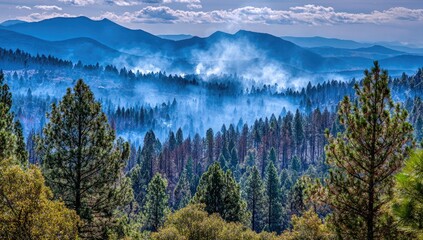 Smoky haze blankets a mountain forest.