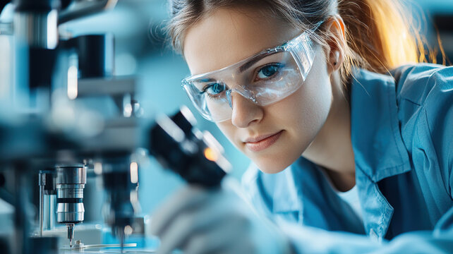 Female scientist lab coat safety goggles microscope laboratory research precision focus technology innovation. Female scientist lab coat with