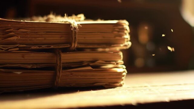 Ancient manuscripts tied with twine on a dusty wooden desk, holding forgotten secrets and historical knowledge from the past