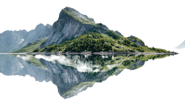 Alpine lake reflection showing beautiful mountain water landscape with scenic nature view mirrored surface tranquil outdoor environment isolated on white background