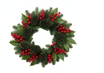 Festive Christmas wreath adorned with green pine branches, red berries, and natural pine cones on a white background.