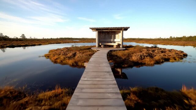 Wooden boardwalk leading to tranquil hut in vast bog landscape