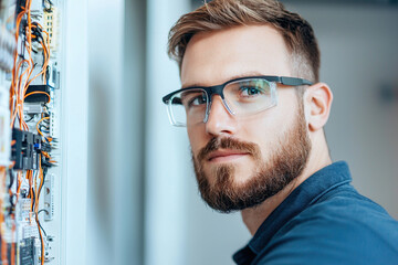 Electrician male beard glasses safety focus wiring panel technician repair professional engineer maintenance circuit cable control workshop indoor