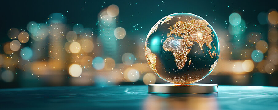 Gold globe world map bokeh lights digital sparkle global network modern decor night city elegant design technology luxury - Powered by Adobe