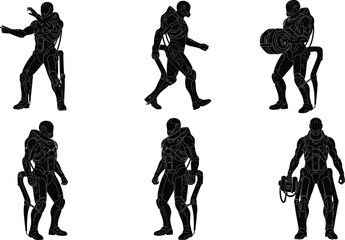 Exoskeleton silhouettes, futuristic robotic suit illustration, cybernetic armor artwork, sci fi