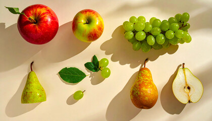 Flat lay of apple, pear and grapes with shadows, showcasing organic farming and sustainability