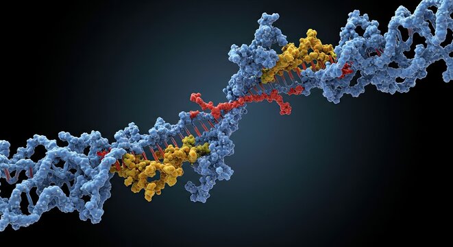 Detailed DNA molecule strand in vibrant colors perfect for scientific research materials or educational resources for biology and genetics projects and presentations