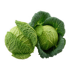 Obraz premium Two fresh green savoy cabbages with textured leaves arranged closely together on a transparent background isolated on transparent background